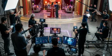 International crew filming a high-budget C-drama co-production scene.