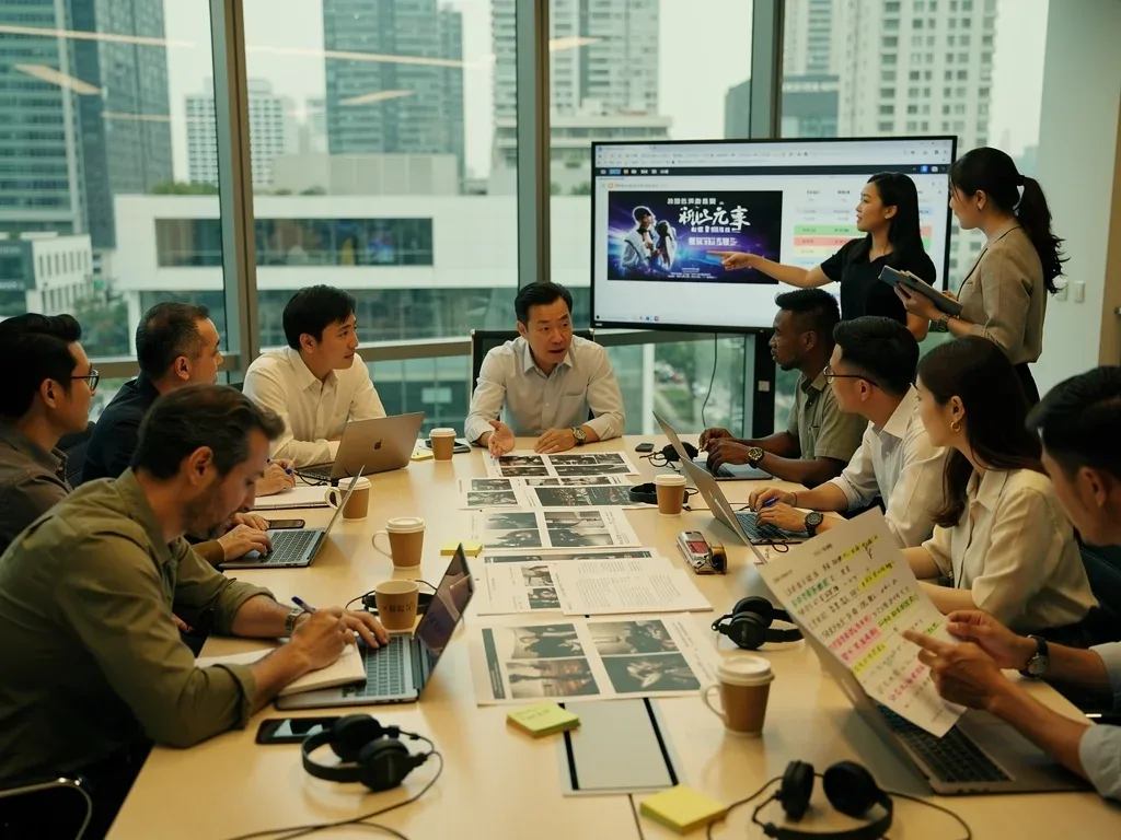 Diverse production team collaborating on a C-drama co-production project.