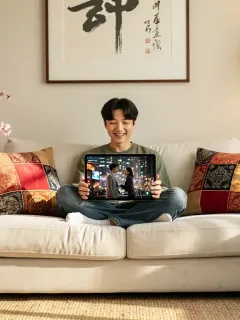 Persona disfrutando de un drama asiático en Viki en 2026, con pantalla mostrando contenido exclusivo y elementos culturales de fondo.