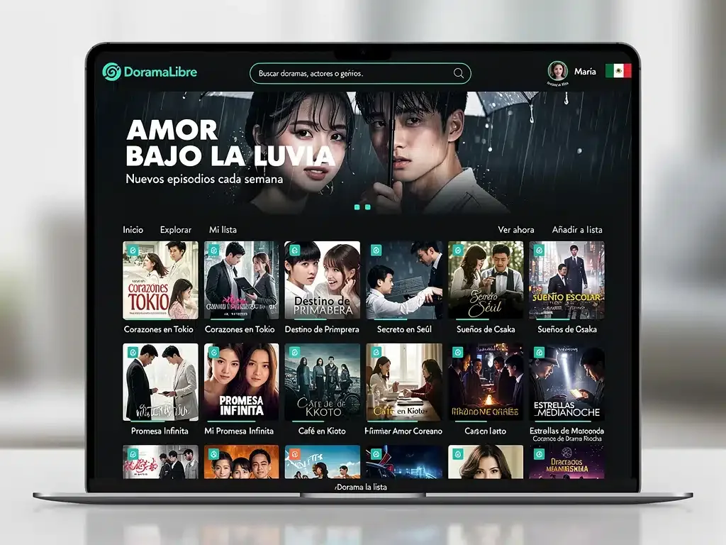 Interfaz de usuario de una plataforma gratuita de doramas, mostrando títulos disponibles y opciones de navegación.