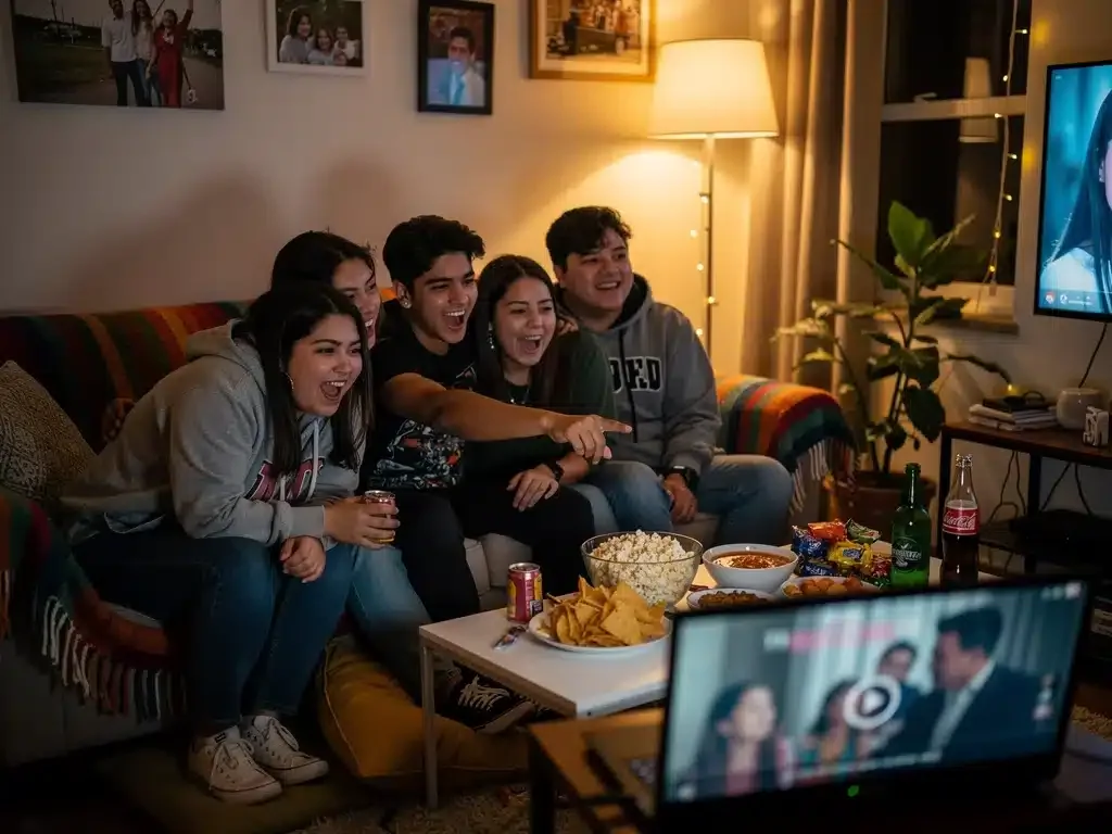 Jóvenes mexicanos disfrutando de doramas en casa, compartiendo un momento de entretenimiento.