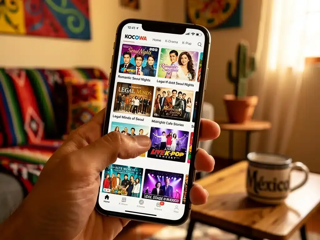 Interfaz de la aplicación Kocowa mostrando dramas y conciertos K-Pop.