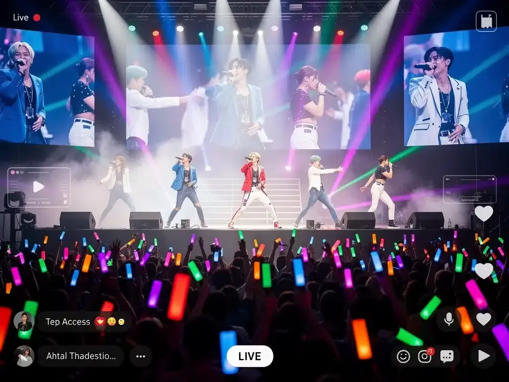 Concierto de K-Pop en vivo con elementos de streaming virtual.