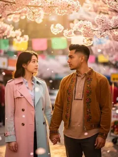 Pareja romántica viendo doramas coreanos en México, con elementos culturales que evocan romance y modernidad.