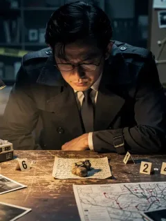 Detective japonés analizando pistas en una escena de misterio, representando la intriga de los doramas