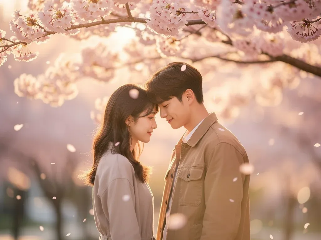 Romantic moment between two characters in a K-drama under cherry blossoms.