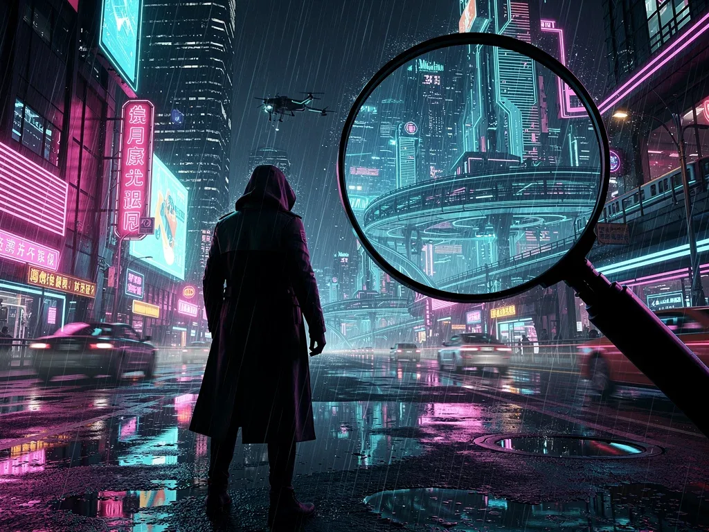 Dynamic cityscape with a shadowy detective, symbolizing fast-paced dorama mysteries.