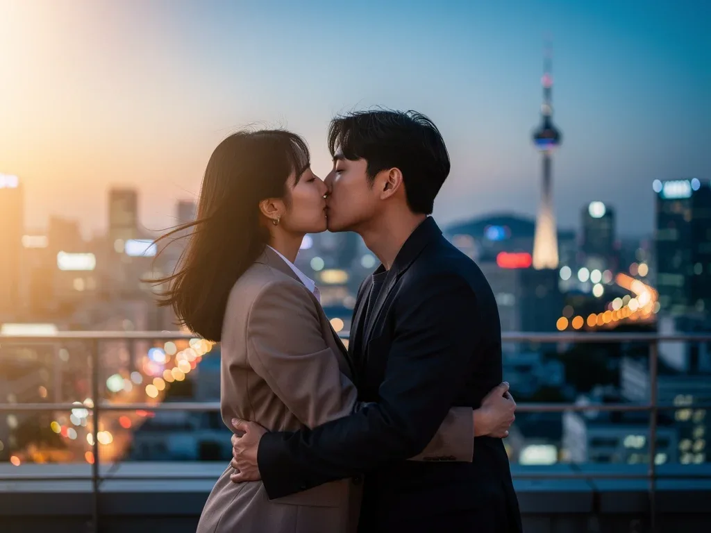 Romantic turning point between dorama leads with a city skyline background.