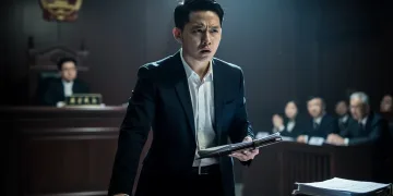 Intense courtroom scene from a legal C-drama, lawyer presenting case