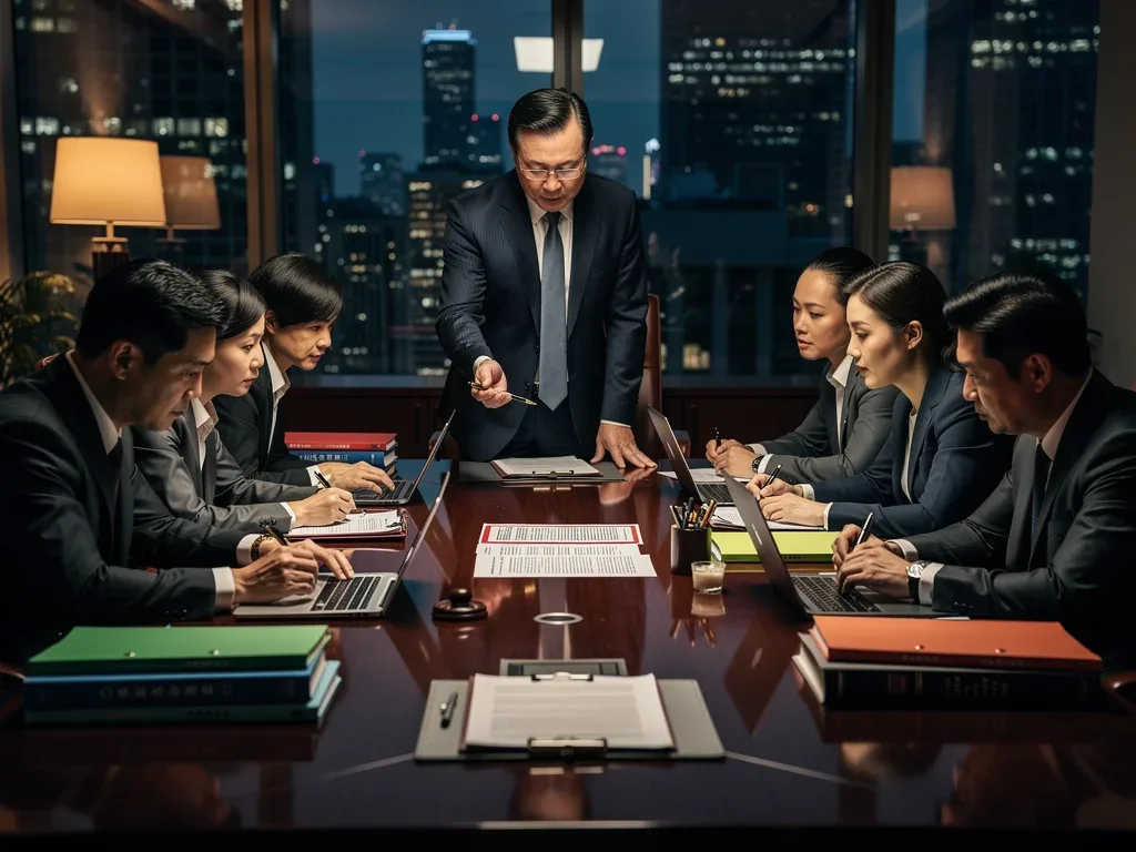 Legal team strategizing over documents in a C-drama