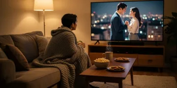 Person watching romance dorama on TV in cozy living room