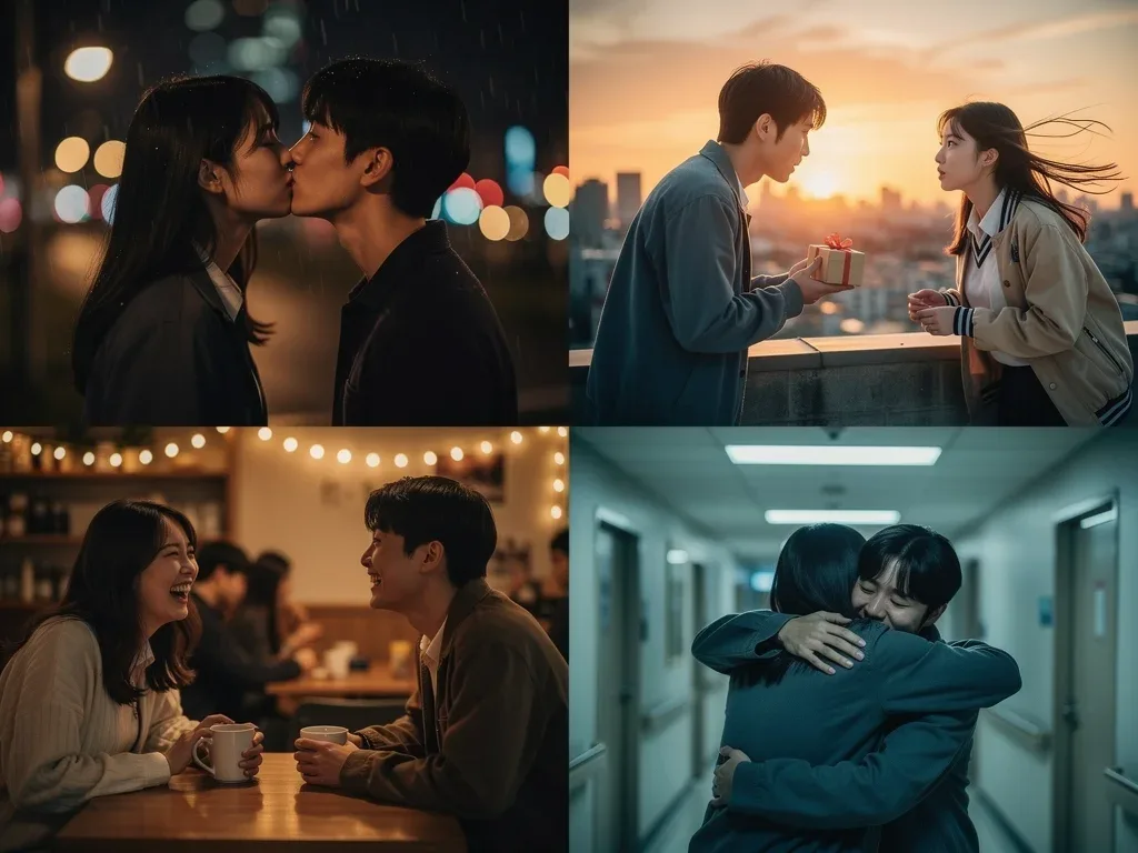 Collage of romantic moments from various doramas