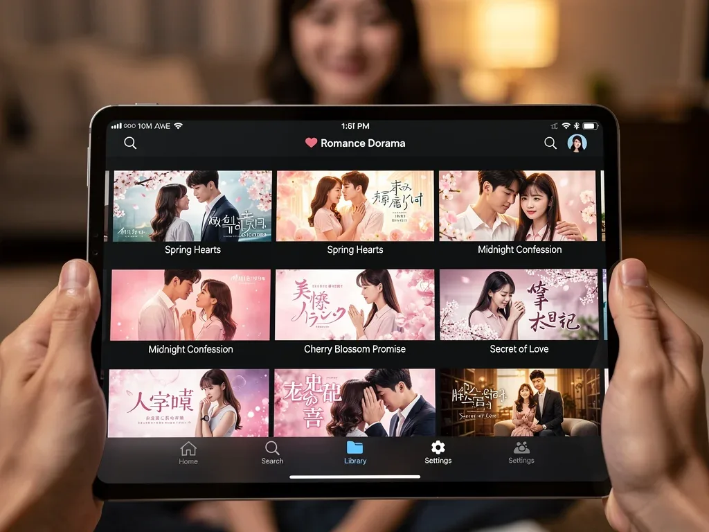 Streaming platform showing romance dorama selections on mobile device