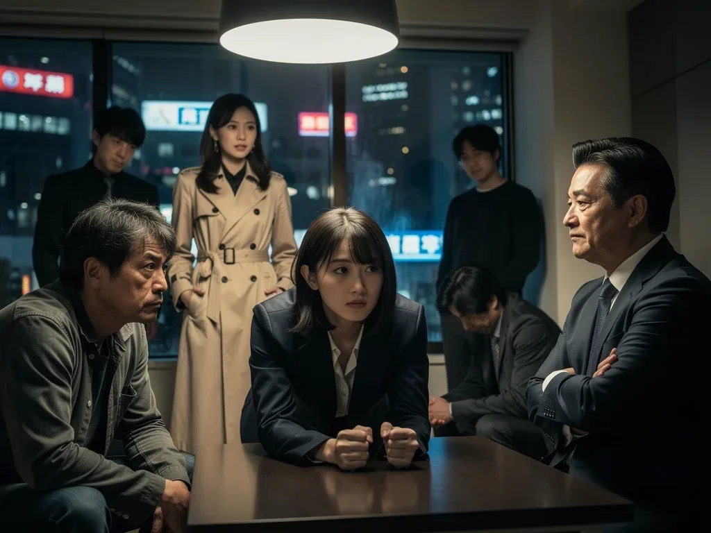 Diverse cast of characters in a tense dorama scene, reflecting complex relationships and alliances.