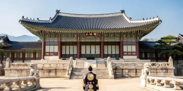 Grand Korean palace with a figure in traditional royal attire, symbolizing historical sageuk doramas.