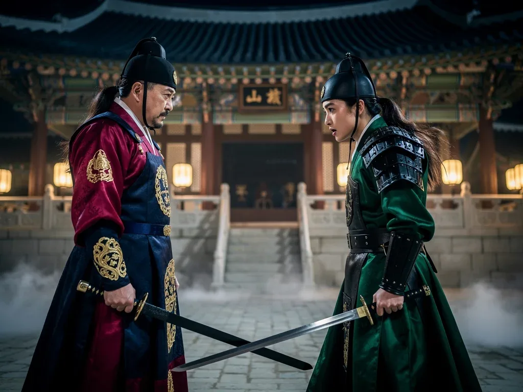 Intense scene from a historical Korean drama with characters in traditional attire.