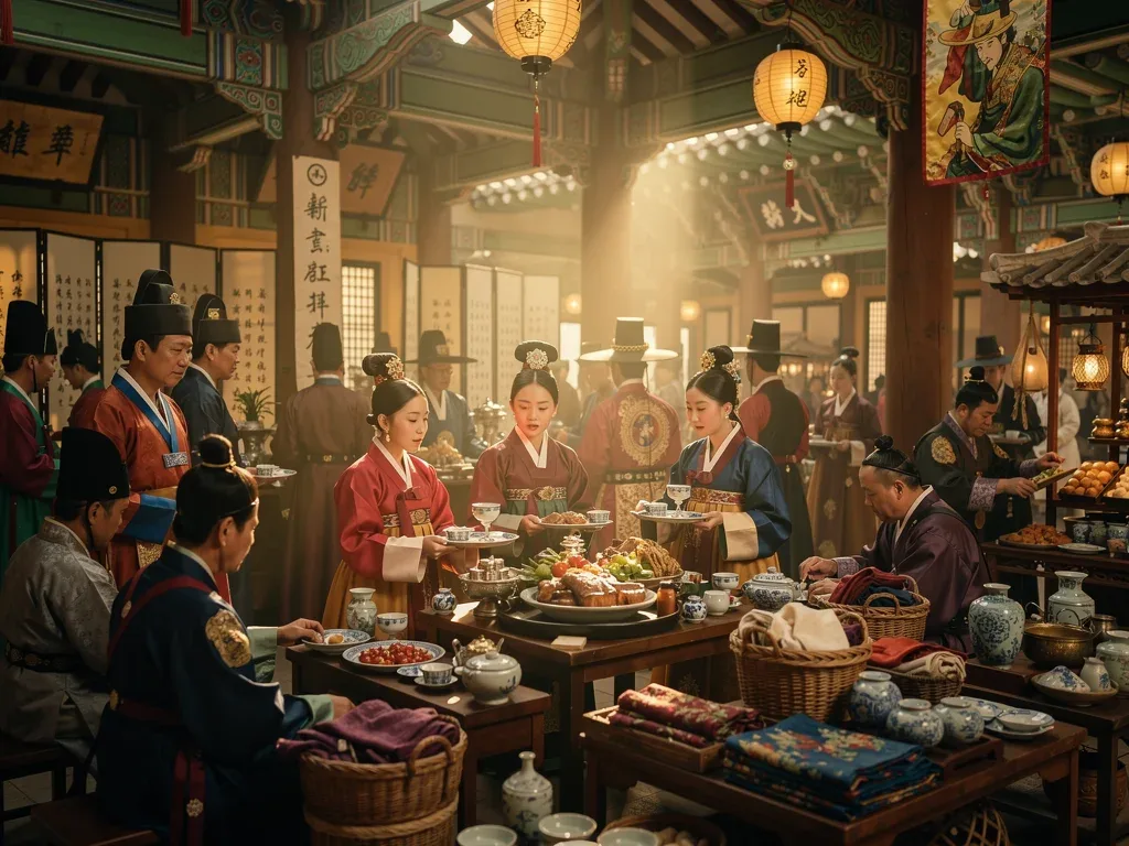 Vibrant royal banquet scene from a sageuk dorama, rich in historical detail.