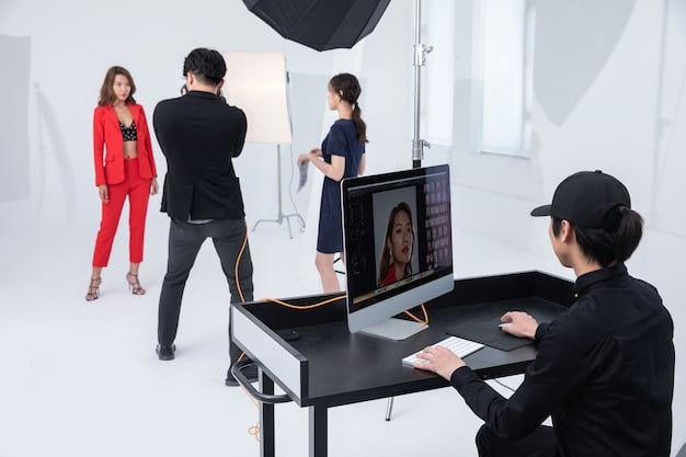 A behind-the-scenes photo showing a Korean actor interacting with the crew during a US commercial shoot, emphasizing their professionalism and collaborative spirit in a cross-cultural setting.