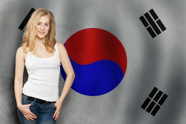 A close-up of a Korean actress holding her Emmy award, with the Korean flag subtly displayed in the background, symbolizing her national pride.