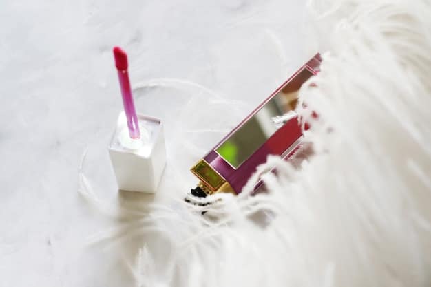 A close-up shot of a variety of K-beauty products, including cushion foundations, lip tints, and sheet masks, all neatly arranged on a white surface. The products feature minimalist packaging with Korean and English labels, emphasizing the blend of Korean innovation and US market appeal.