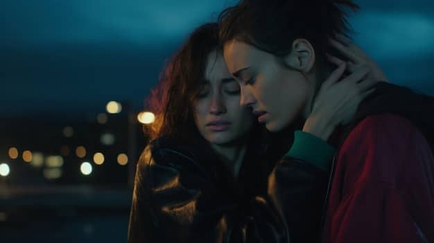 A still from an underrated K-drama, showing two main characters in a tense, emotional scene. The lighting is dramatic, highlighting the actors' expressions and the intensity of the moment.