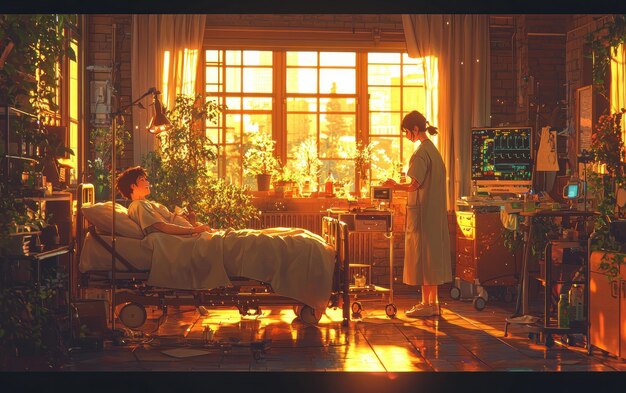 A scene from a dorama depicting a hospital room setting, with a character lying in a bed surrounded by concerned family members. Somber and tense atmosphere.