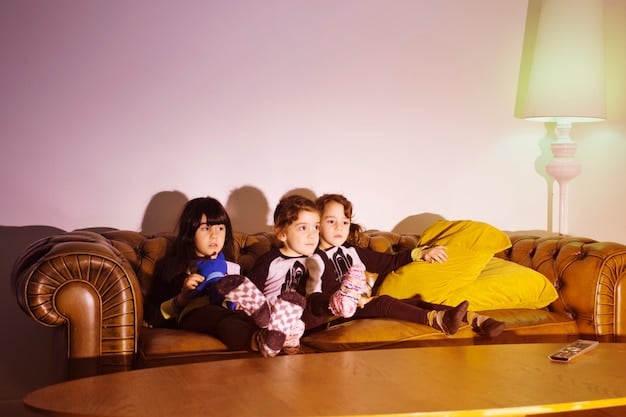 A family sitting together on a couch, watching a K-drama on TV. The parents are actively engaged, pausing occasionally to discuss the plot and themes with their children. There are healthy snacks on the coffee table, suggesting a balanced and mindful approach to media consumption.