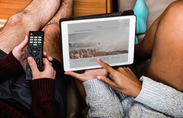 An image showing a person using a tablet to control their smart TV, adjusting settings such as brightness, volume, and subtitle options for a K-drama. The scene is set in a cozy living room with soft lighting.