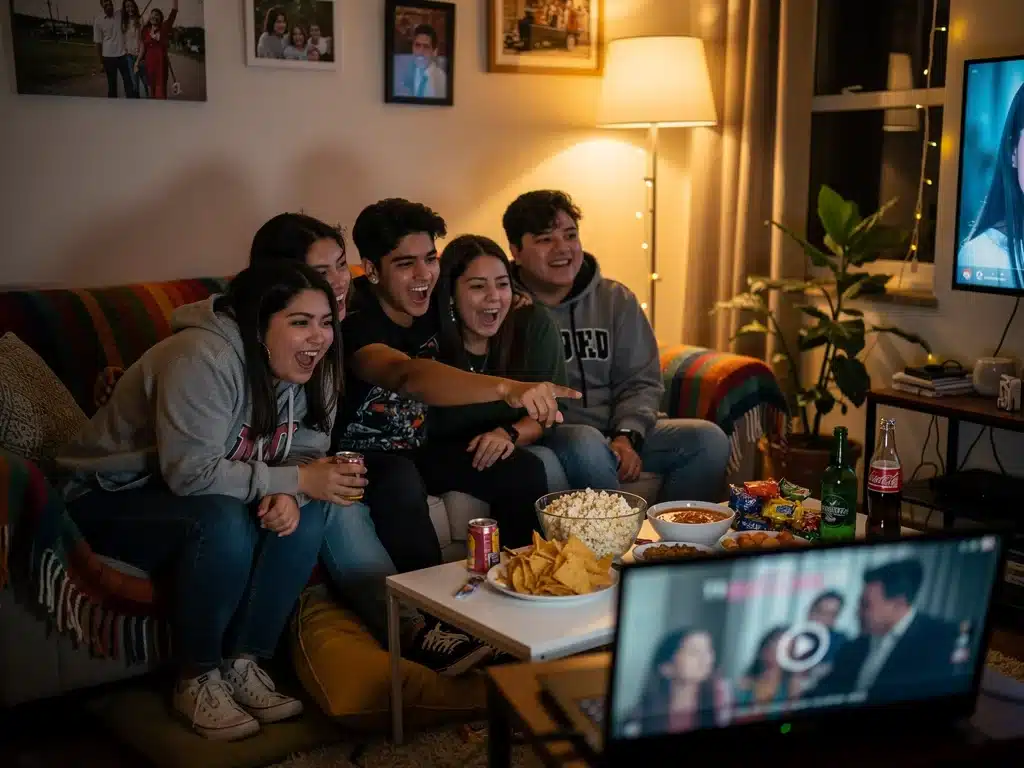 Jóvenes mexicanos disfrutando de doramas en casa, compartiendo un momento de entretenimiento.