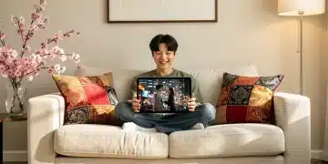 Persona disfrutando de un drama asiático en Viki en 2026, con pantalla mostrando contenido exclusivo y elementos culturales de fondo.