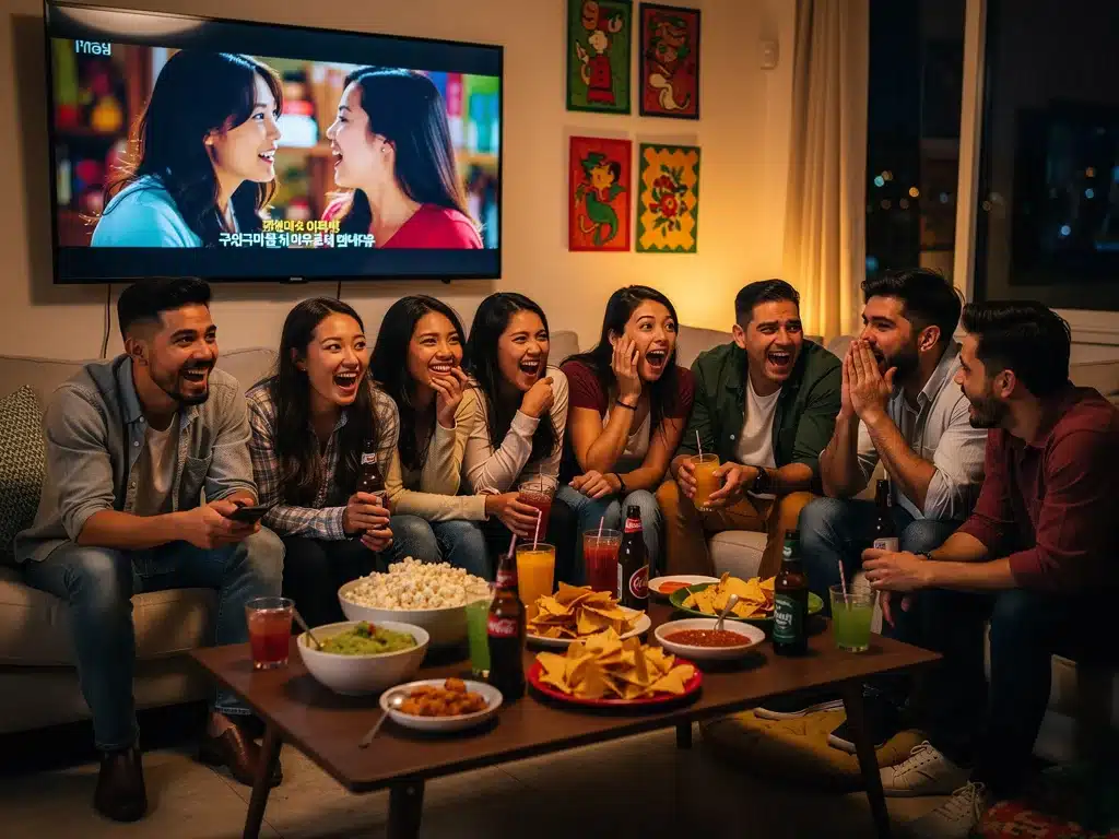 Amigos mexicanos disfrutando juntos de un dorama coreano de romance, reflejando la tendencia en México.