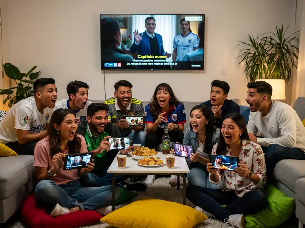 Jóvenes mexicanos disfrutando de doramas en diferentes dispositivos, simbolizando la creciente penetración del streaming de contenido asiático en el país.