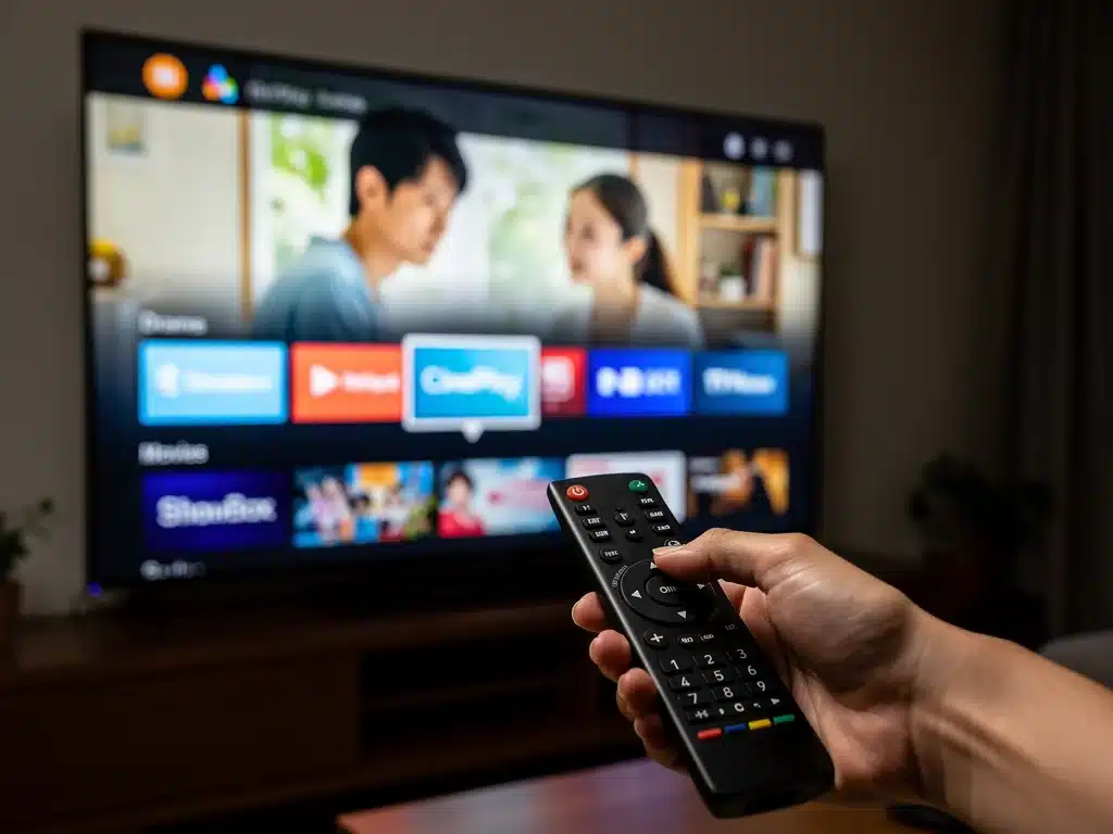 Mano con control remoto apuntando a Smart TV con dorama y apps de streaming, mostrando la interacción del usuario.