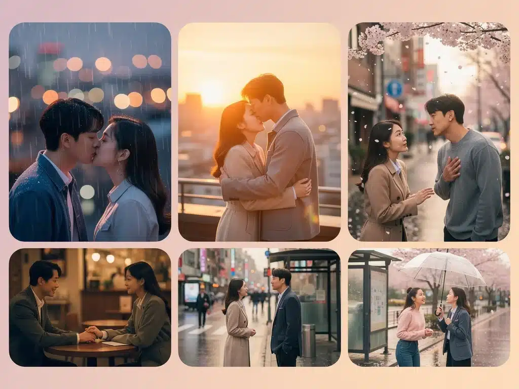 Montaje de escenas icónicas de doramas coreanos de romance, destacando momentos clave de amor y emoción.