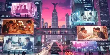 Futuro del streaming de doramas en México 2026, pantallas holográficas mostrando series asiáticas en una ciudad futurista. El Futuro del Streaming de Doramas.