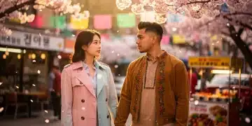 Pareja romántica viendo doramas coreanos en México, con elementos culturales que evocan romance y modernidad.