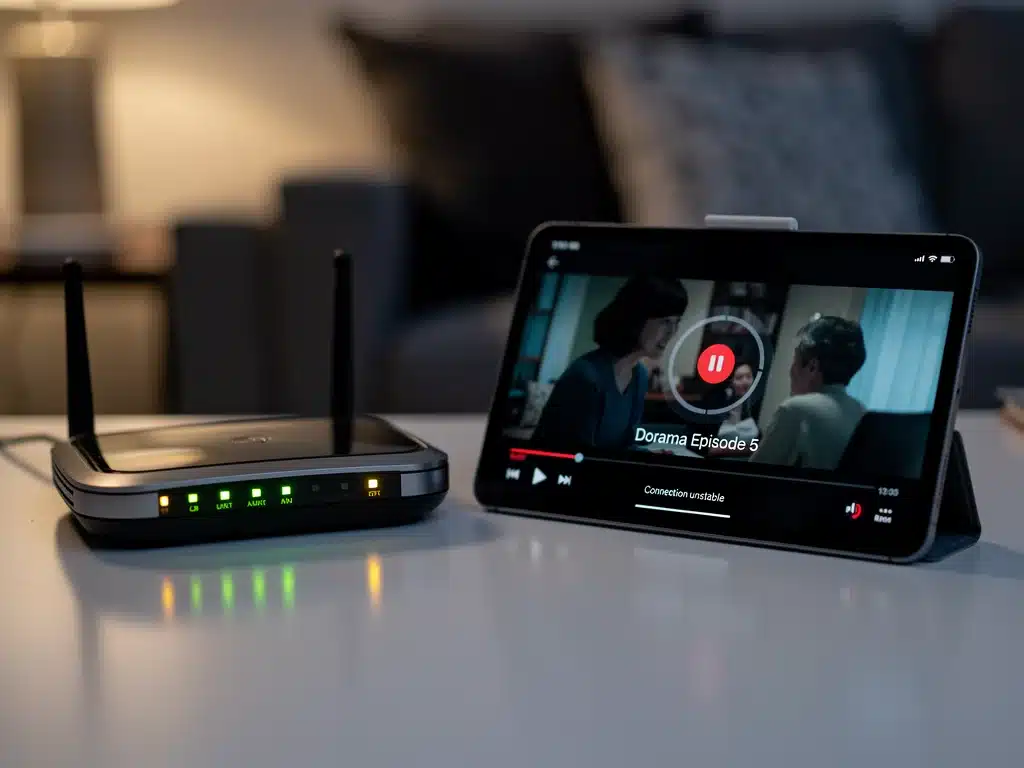 Router con luces parpadeantes y tablet con dorama pausado, simbolizando problemas de conexión a internet.