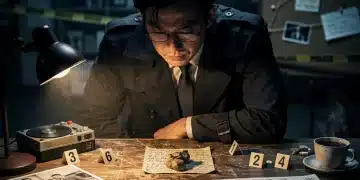 Detective japonés analizando pistas en una escena de misterio, representando la intriga de los doramas