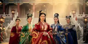 Escena épica de dorama chino histórico con vestuarios tradicionales y palacio antiguo