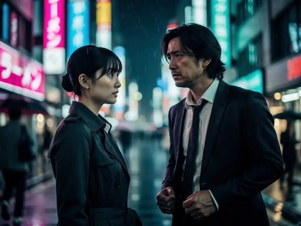 Personajes de dorama japonés con miradas sospechosas en Tokio, reflejando intriga y secretos