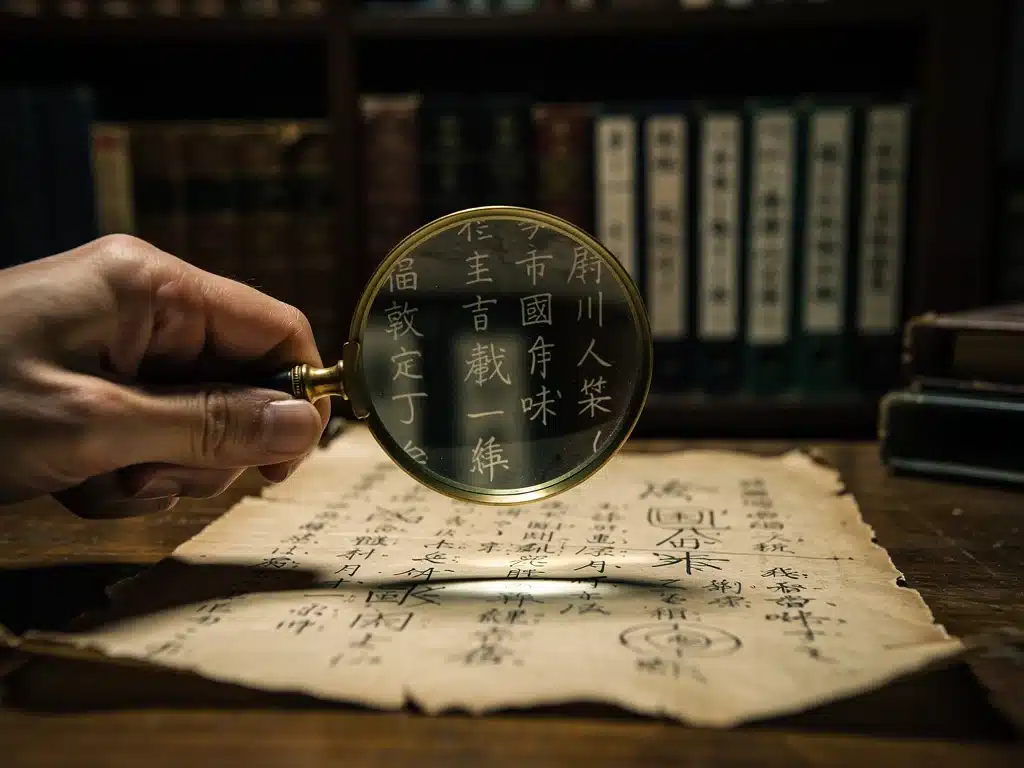 Mano con lupa examinando documento antiguo, símbolo de investigación en dorama de misterio